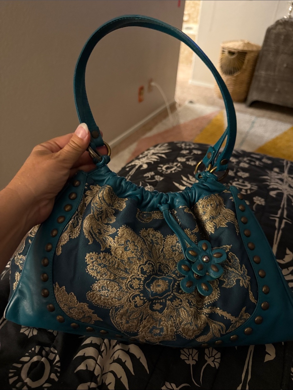Isabella Fiore Teal Shoulder Bag with Gold Brocade